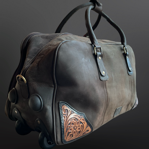 Western Tooled Leather Wheeled Duffel Bag Carry On