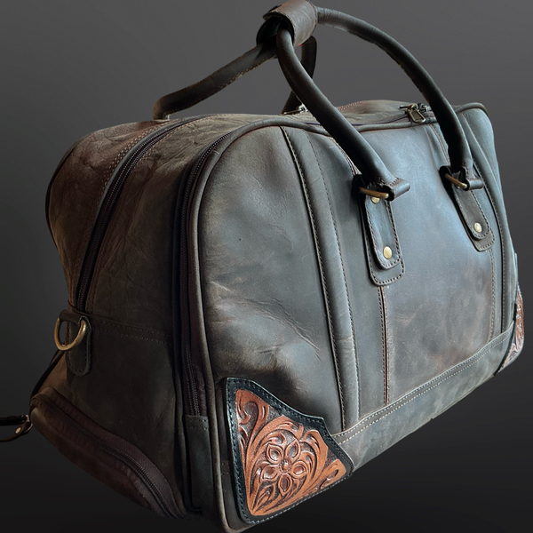 Western Tooled Leather Wheeled Duffel Bag Carry On