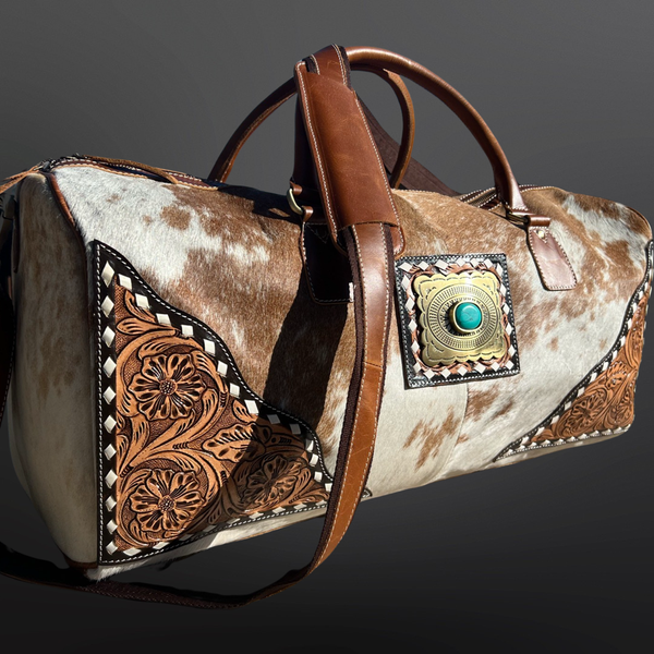 Western Cowhide Tooled Leather Duffel Travel Bag NO FRINGE
