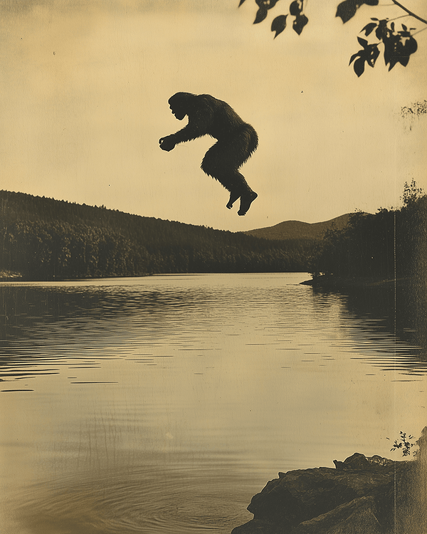 Vintage Photo Bigfoot Jumping into Lake
