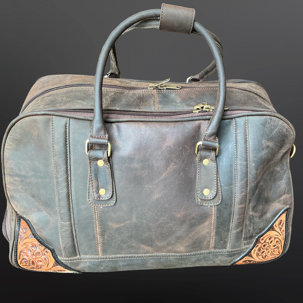 Western Tooled Leather Wheeled Duffel Bag Carry On