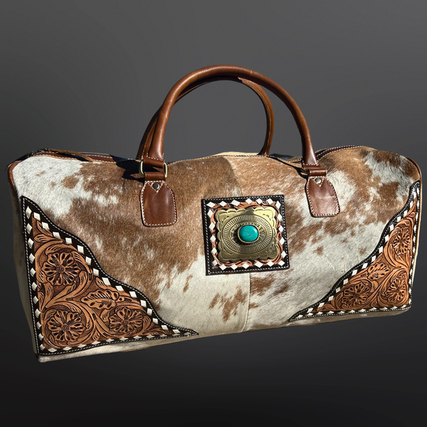 Western Cowhide Tooled Leather Duffel Travel Bag NO FRINGE