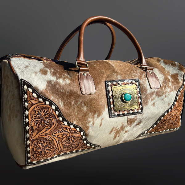 Western Cowhide Tooled Leather Duffel Travel Bag NO FRINGE